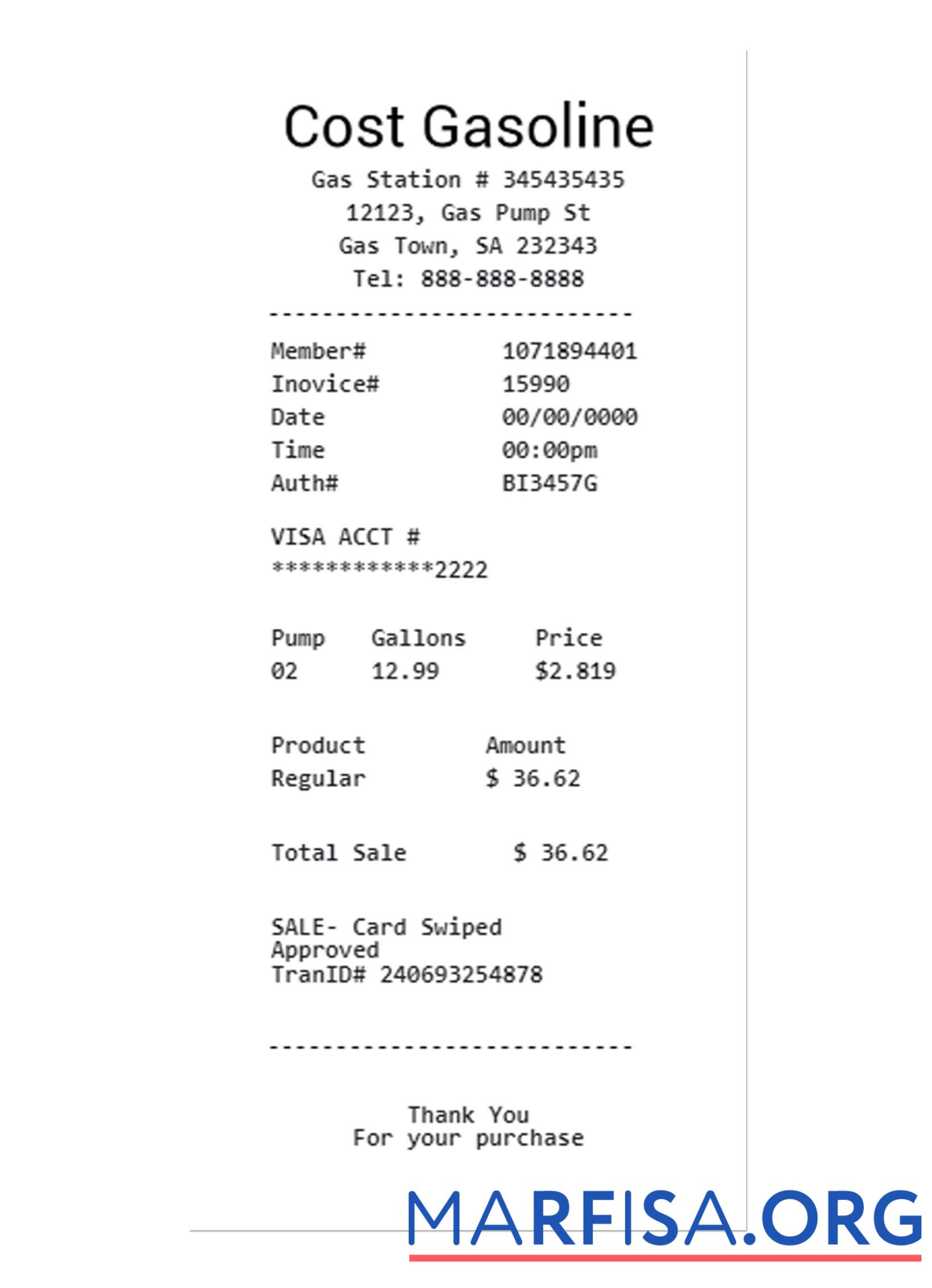 Printable COST GASOLINE payment check template